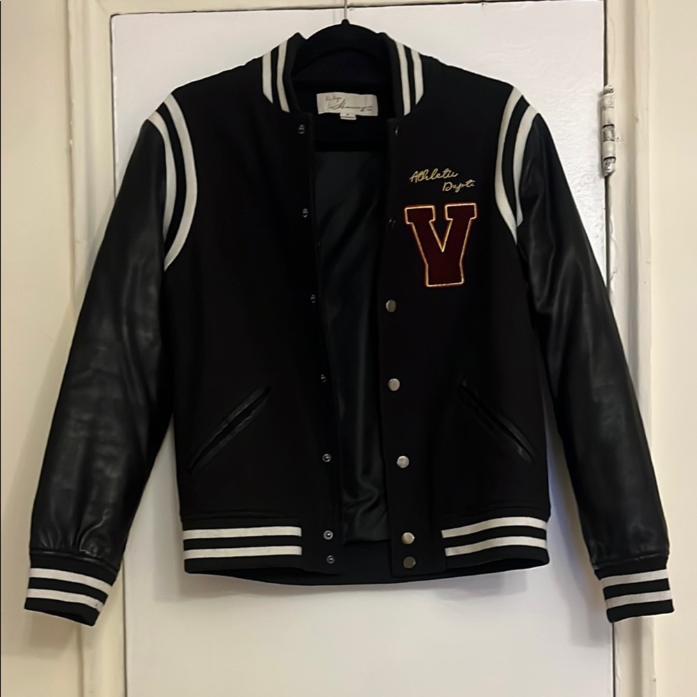 Black Varsity Jacket with Leather Sleeves